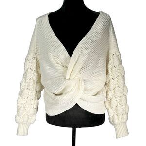 Cream Knit Twist Sweater Chunky Knit Balloon Sleeve Shrug Off Shoulder Coquette